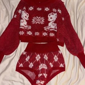 Urban Outfitters Out From Under Red and White Knit Sweater and Shorts Set